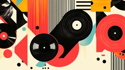Poster - Abstract Colorful Background with Vinyl Records and Geometric Shapes