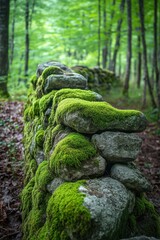 Poster - Enchanting moss covered stone wall in lush green forest landscape evoking tranquility and natural beauty with a close up perspective and serene mood