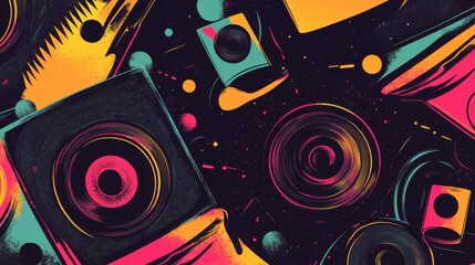 Poster - Vibrant Abstract Sound Wave Pattern with Colorful Speakers and Circles