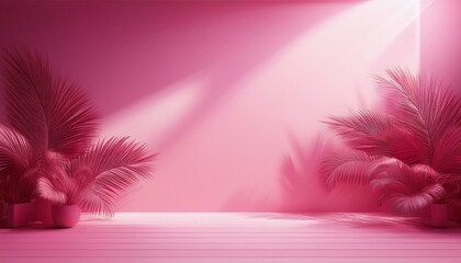 Wall Mural - abstract pink color gradient studio background for product presentation empty room with shadows of window and flowers and palm leaves 3d room with copy space summer concert blurred backdrop