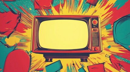 Poster - Vintage Television Surrounded by Colorful Explosive Background