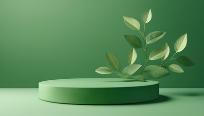Wall Mural - 3d background green podium display tree leaves falling cosmetic or beauty product promotion step pedestal with leaf abstract minimal advertise 3d render copy space nature mockup