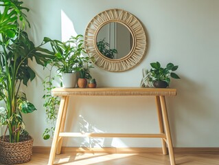 Wall Mural - Wooden Table with Potted Plants and Mirror