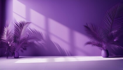 Wall Mural - abstract purple studio background for product presentation empty room with shadows of window and flowers and palm leaves 3d room with copy space summer concert blurred backdrop