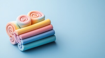 Poster - Stack of colorful towels and chalk holder on a blue background with macro rainbow effect