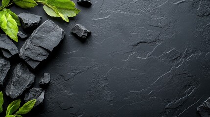 Poster - Close up of green leaves on a black background with studio lighting highlighting details and textures