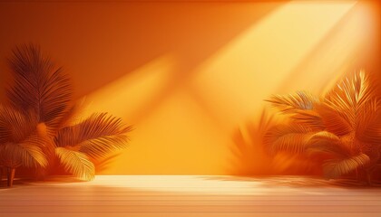 Wall Mural - abstract orange color gradient studio background for product presentation empty room with shadows of window and flowers and palm leaves 3d room with copy space summer concert blurred backdrop