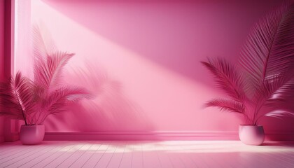 Wall Mural - abstract gradient pink studio background for product presentation empty room with shadows of window and flowers and palm leaves 3d room with copy space summer concert blurred backdrop