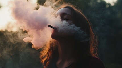 Poster - A young woman stands peacefully in a quiet forest, exhaling thick pink smoke as dusk settles in. The warm light of the setting sun bathes her serene expression, creating an ethereal atmosphere