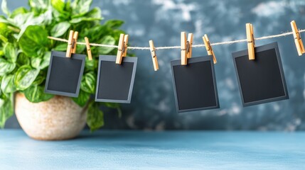 Poster - Green leaf plant in pot with black photo frame and blank polaroid photos hanging on a clothesline