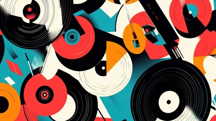 Poster - Colorful Abstract Pattern of Vinyl Records and Geometric Shapes