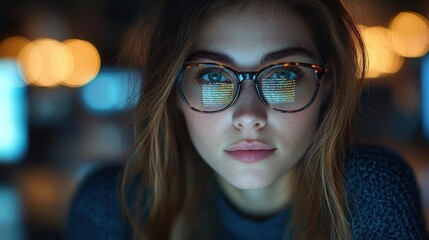 Focused programmer in vibrant blue sweater in dimly lit office