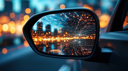 Poster - Car side view mirror with colorful bokeh lights reflected in rearview mirror at night