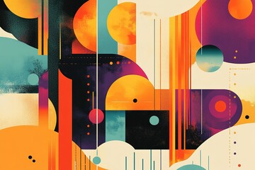 Poster - Colorful abstract geometric design featuring circles lines and block shapes in orange purple