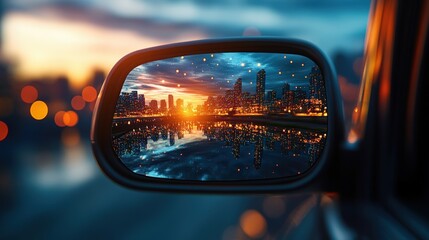 Poster - City view reflected in a cars rearview mirror with colorful bokeh lights during nighttime driving