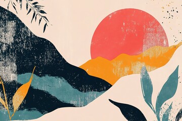 Poster - Abstract landscape with sun hills and foliage in orange blue black and beige tones