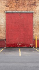 Poster - Weathered red door in brick wall with yellow parking lines captures urban decay and industrial texture providing a gritty and authentic visual appeal
