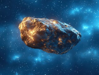 Poster - Dramatic asteroid in deep space with glowing craters against a backdrop of distant stars and nebulae creates a sense of cosmic wonder and exploration