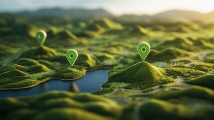 Poster - green landscape with map pointer and detailed map featuring location pins on vintage landscape