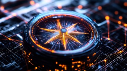 Aufkleber - Digital compass on circuit board with blue background and glowing lines and particles for technology concept