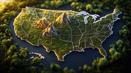Poster - Map of the united states with forest background and studio lighting in high fidelity detail