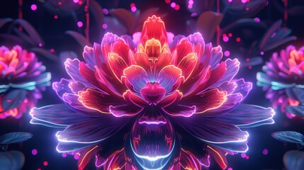 Poster - Intricate oriental floral designs glow in purple and magenta, immersing the viewer in a vibrant, futuristic atmosphere