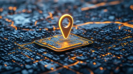 Poster - Yellow pin on circuit board and digital map highlighting location in black and white background