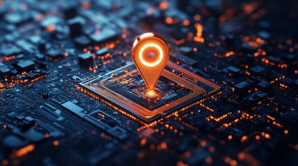 Aufkleber - Light bulb on circuit board with digital map and glowing location pin indicating specific location
