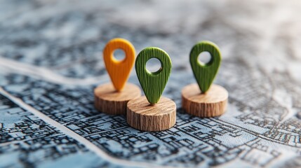 Poster - Two wooden pins placed on a detailed digital map highlighting specific locations with studio lighting