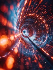 Poster - Digital code streams spiral into a glowing vortex, forming a mesmerizing, high-tech tunnel