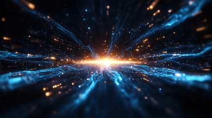 Poster - Dynamic blue and yellow light burst with streaks radiating in a dark background for abstract design