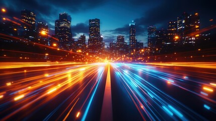 Poster - City skyline at night with light trails from moving vehicles and illuminated buildings in urban setting