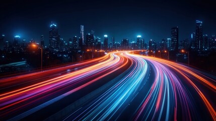Poster - Cityscape at night with light trails from moving vehicles in a dynamic urban environment