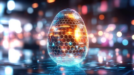 Poster - Futuristic glowing egg with hexagonal patterns in a vibrant urban setting at night