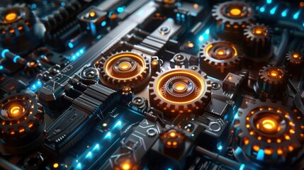 Poster - Delicate gears intertwine with glowing circuits, showcasing a fusion of retro and futuristic design illuminated softly