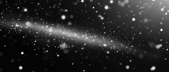 Poster - Ethereal silver glitter dust particles floating in a dark space creating a dreamy and magical atmosphere with bokeh effect and subtle light