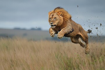 magnificent lion leaping dynamically across the golden savannah plains