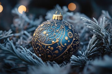 Wall Mural - blue and gold christmas ornament in pine tree