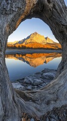 Poster - Mountain Peak Reflected in Calm Lake Framed by Ancient Tree Trunk at Sunrise Serene Landscape Nature Beauty
