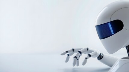 Poster - Unique robot featuring a blue light illuminating its face in a dimly lit environment with a futuristic aesthetic