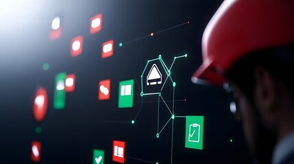 Poster - Construction worker in hard hat analyzing wall of colorful icons representing different technologies and innovations