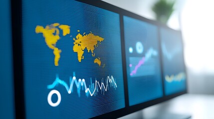 Poster - Computer screen showcasing a detailed world map with geographic features for educational purposes and global connectivity