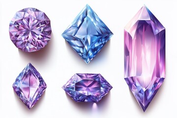 Poster - Collection of Faceted Gemstones in Various Shapes and Colors on White Background for Jewelry Design and Decoration