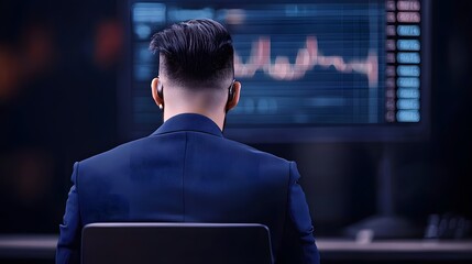 Poster - Professional man dressed in a suit intently staring at a computer screen in a modern office setting with focused expression