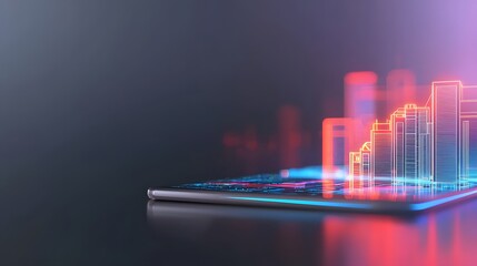Poster - A modern laptop displaying a cityscape in the background highlighting technology and urban life interconnected