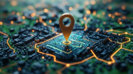 Poster - Location pin on a circuit board with green and orange background indicating map navigation