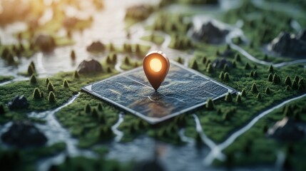 Poster - map with a light bulb and location pin for finding your way on a navigation map