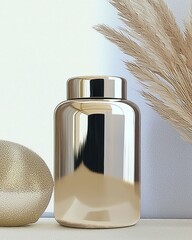 Poster - Elegant golden jar displaying modern decor in minimalist living room setting