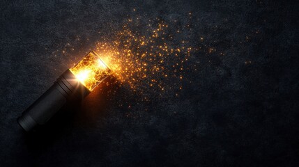 Poster - Yellow flame lighter with flashlight beam illuminating dark background in close-up view