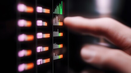 Poster - Close-up of a person's hand interacting with a digital display showing a colorful chart with trend lines and data points